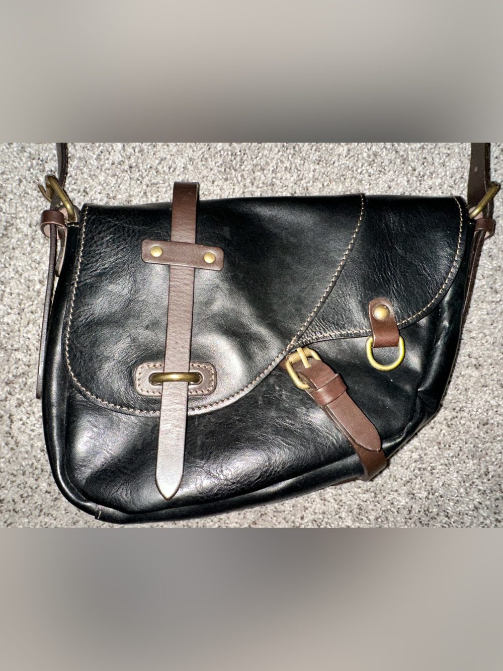 Classic Black Leather Satchel with Brown Strap Accents